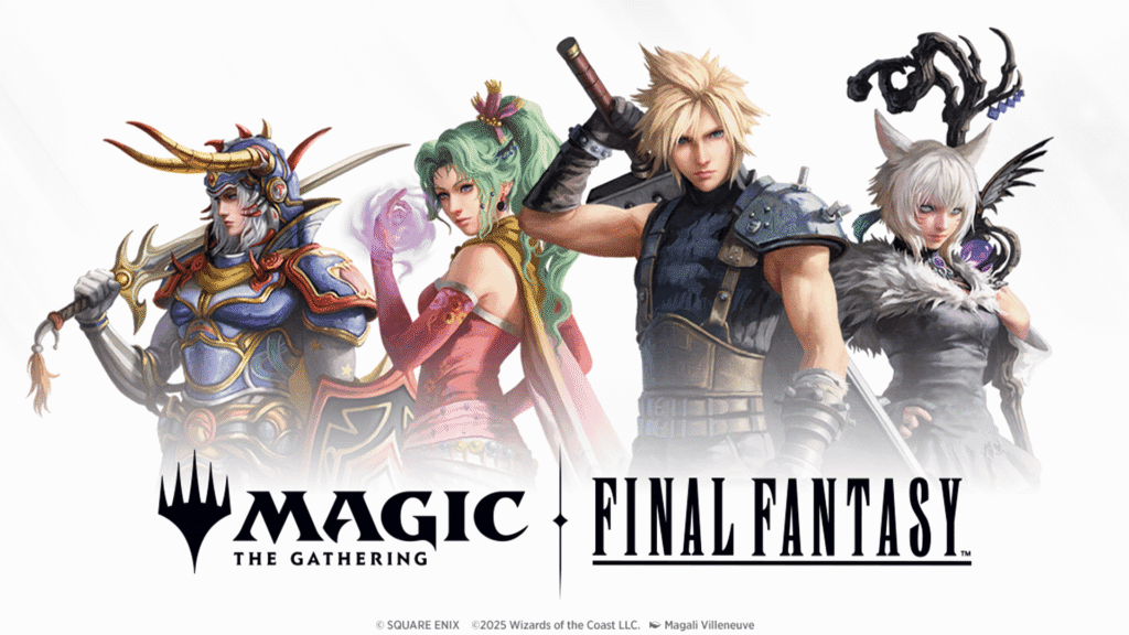 Ilustración oficial de Magic: The Gathering x Final Fantasy con personajes icónicos de la saga